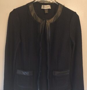 St. John Collection Black & Blue Textured Blazer with Leather & Organza Trim